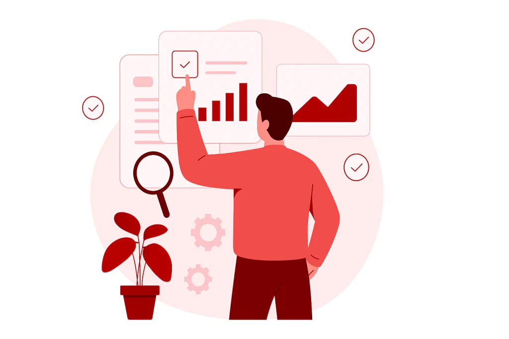 Illustration of a business leader analyzing automation dashboards and AI workflow charts — representing data-driven decision-making with AI Automation Services in Canada by Codepaper